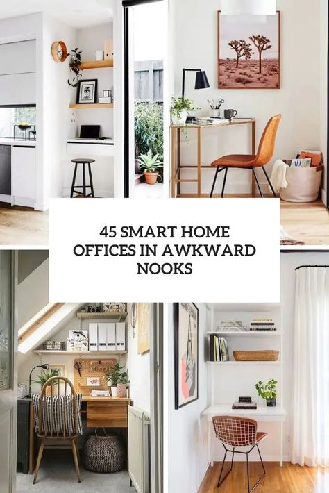 smart home offices in awkward nooks cover Study Nook Styling, Breakfast Nook Turned Office, Small Home Office Nook, Office Corner In Living Room, Small Office Ideas Home, Nook Desk, Kitchen Office Nook, Home Office Nook, Closet Nook