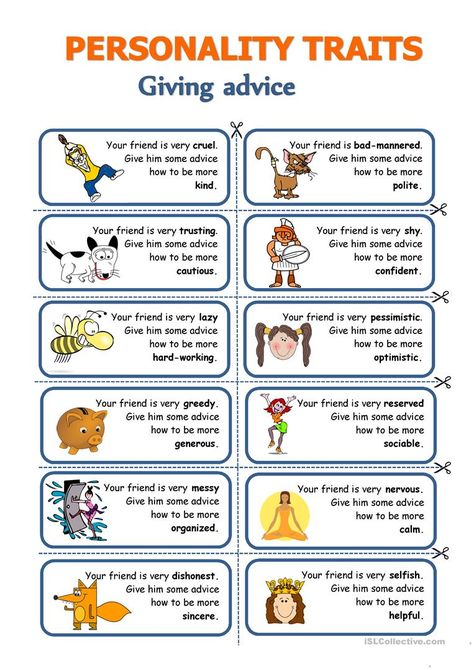 Personality traits - Giving advice - English ESL Worksheets for distance learning and physical classrooms Character Traits Worksheet, Character Trait Lessons, Ingles Kids, Speaking Activities English, Character Trait Worksheets, Speaking Cards, Character Worksheets, Character Personality, Conversational English