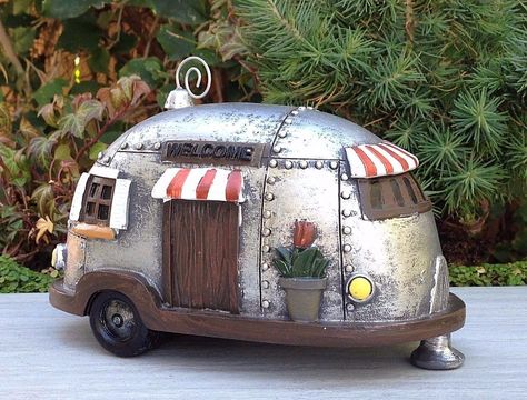 Camper Patio, Fairy Garden Camper, Tiny Patio, Trailer House, Statues For Sale, Fairy Garden Supplies, Painted Rocks Diy, Soyut Sanat Tabloları, Rock Painting Patterns