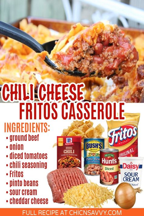 Chili Cheese Frito Casserole Fritos Casserole, Sous Vide Pork Ribs, Frito Casserole, Mexican Ground Beef Recipes, Frito Recipe, Mexican Ground Beef, Chili Cheese Fritos, Potluck Dinner, Recipes Mexican