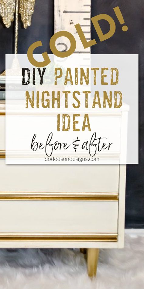 This gold-inspired painted nightstand makeover idea doesn't disappoint. It was a DIY challenge, but in the end, the makeover was a huge success! Check out the before and after and judge for yourself. White Nightstand Makeover, White And Gold Dresser Diy, Nightstand Redo Before And After, Gold Dresser Diy, Diy Painted Nightstand, Painted Nightstand Ideas, Nightstand Redo, Nightstand Painted, Refinished Nightstand