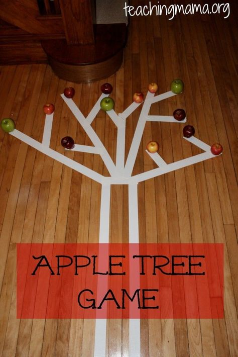 This sounds like an amazing indoor gross motor activity!  The children balance-walk on the tape, "pick" one apple and "climb" back down the tree to place in a basket below the trunk.  Love it! Indoor Games Room, Preschool Apple Theme, Teaching Mama, Gross Motor Activity, Apple Preschool, Apple Activities, Apples To Apples Game, Gross Motor Activities, Apple Theme