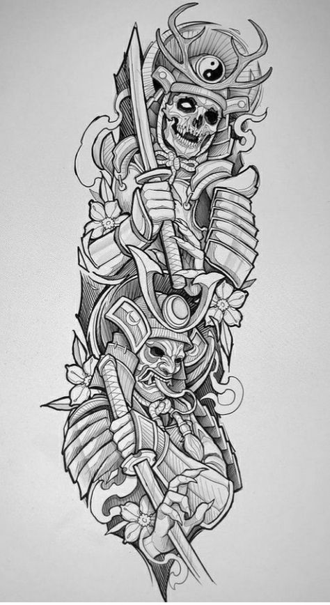 Samurai Tattoo Sleeve, Arm Tattoos Drawing, Guerriero Samurai, Designs Quotes, Half Sleeve Tattoos Drawings, Samurai Tattoo Design, Skull Sleeve Tattoos, Full Sleeve Tattoo Design, Full Arm Tattoos