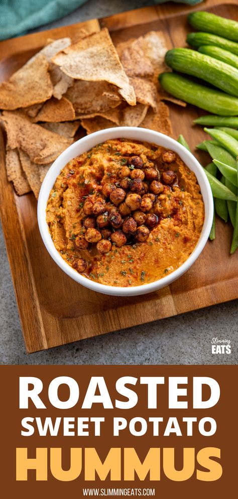 Roasted Sweet Potato Hummus, Sweet Potatoes Hummus, Vegan Sweet Potato Appetizers, Sweet Potato Dip Recipes, Sweet Potato Appetizer, Healthy Buffet, Sweet Potato And Chickpeas, Sweet Potato Hummus Recipe, Warm Dips