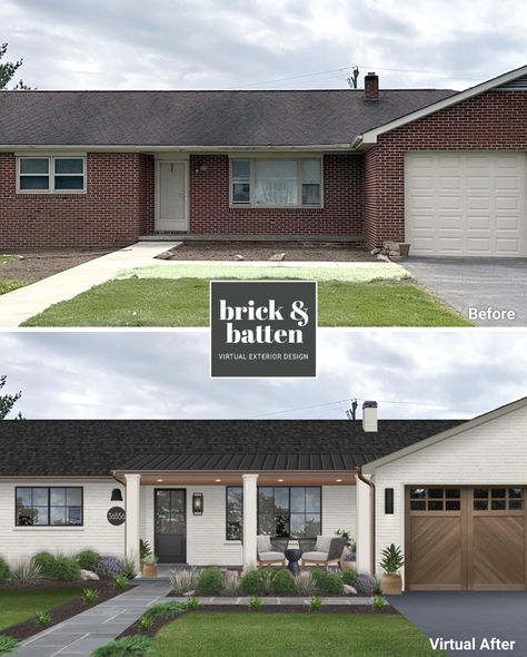 Brick And Batten Before And After, Modern Walkway, Bungalow Remodel, Ranch House Remodel, Exterior House Renovation, Ranch House Exterior, House Makeovers, Exterior House Remodel, Board Batten