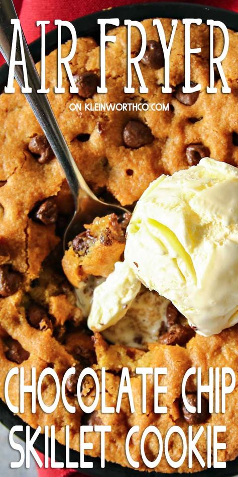 Air Fryer Chocolate Chip Skillet Cookie is a thick and delicious cookie made in the air fryer. Serve with a scoop of ice cream on top. It's perfect for two. Chocolate Chip Skillet Cookie, Air Fryer Recipes Dessert, Scoop Of Ice Cream, Skillet Chocolate Chip Cookie, Air Fried Food, Air Fryer Oven Recipes, Skillet Cookie, Air Fry Recipes, Air Fryer Dinner Recipes