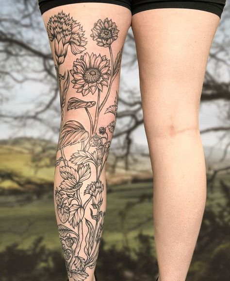 Leg Garden Tattoo, Calf Tattoos For Women Flowers, Full Leg Flower Tattoo, Half Leg Tattoos Women, Mountain Leg Tattoo, Botanical Leg Sleeve, Nature Leg Sleeve, Dragon Leg Sleeve, Feminine Leg Tattoos