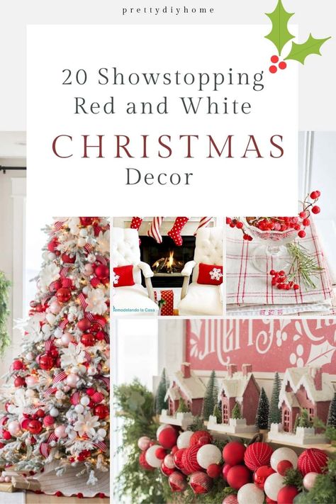 Red And White Christmas Decor, White Christmas Decor Ideas, White Garland, Red Christmas Decor, Silver Christmas Decorations, Red And White Christmas, Red White Christmas, Plaid Christmas Tree, Christmas Mantel Decorations