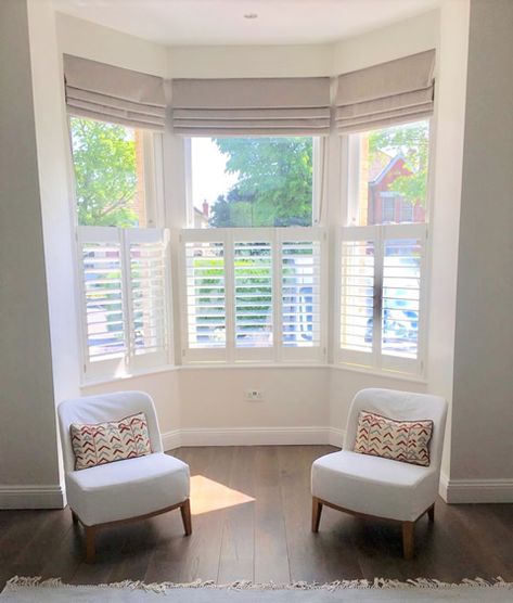 Café Style Bay Window Shutters for Living Room of Home in Beckenham, Kent | ShuttersUp Interior Shutters Living Room, Style Bay Window, Bay Window Blinds, Cafe Shutters, Bay Window Shutters, Cafe Style Shutters, Living Room Bay Window, Shutters Living Room, Bay Window Treatments