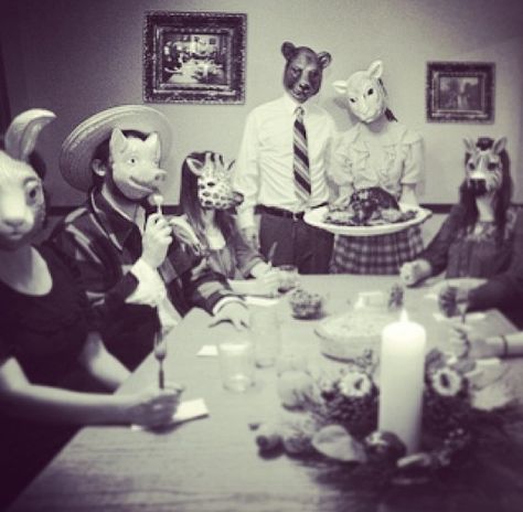 Animal masks- place settings for farm event? Or invites to a farm event- it is the "ticket-in" . . . .bwah ha ha ha Creepy Vintage, Creepy Photos, 사진 촬영 포즈, Animal Masks, Creepy Art, Dark Photography, Animal Heads, The Animals, Vintage Halloween