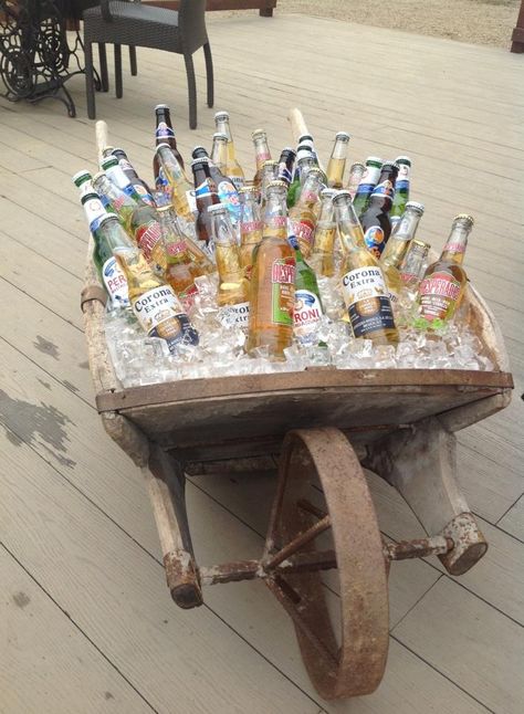 Beer wheel barrow Beer Barrow, Wheel Barrow, June Wedding, Pallet Table, First Birthdays, Outdoor Living, Modern Design, Wedding Ideas, Beer