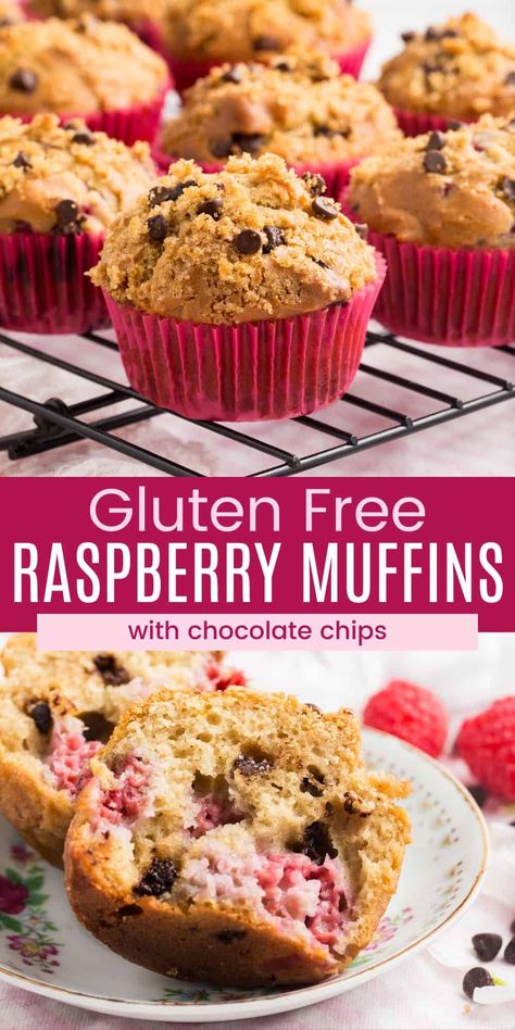 These Gluten Free Raspberry Muffins are bursting with juicy raspberries and packed with mini chocolate chips and orange zest. Easily made gluten free, they're perfect for breakfast with a cup of coffee or tea. Gluten Free Raspberry Muffins, Raspberry Chocolate Chip Muffins, Gluten Free Chocolate Chip Muffins, Gluten Free Coffee, Raspberry Chocolate Chip, Bakery Style Muffins, Raspberry Muffins, Raspberry Chocolate, Gluten Free Recipes For Breakfast