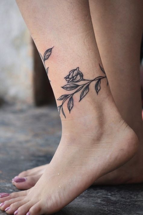 Tattoo ankle aesthetic leg tattoo Rose Ankle Tattoo Wrap Around, Ankle Plant Tattoo, Tattoo Wrapped Around Ankle, Ankle Wrap Tattoo, Ankle Tattoo Cover Up, Rose Tattoo On Ankle, Tattoo Therapy, Thorn Tattoo, Ankle Tat