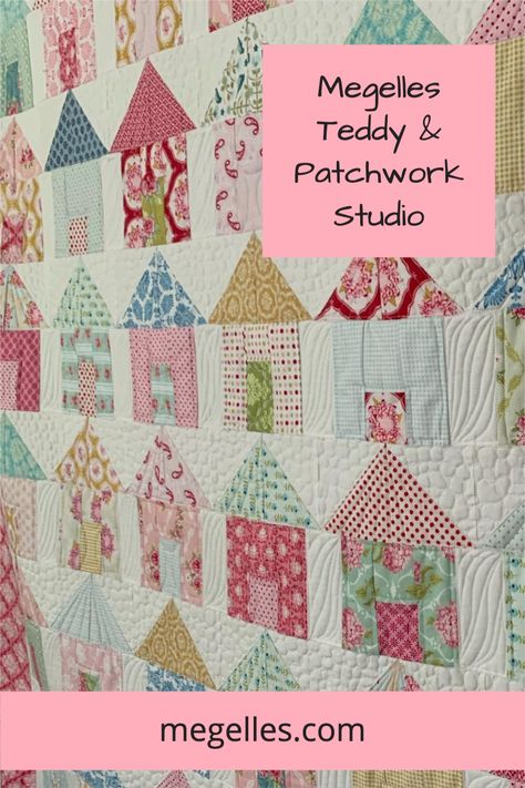 Fun quilt to make from left over fabrics. Here is a video of how I made it. The pattern sheet is also available Quilted Houses Pattern, Doll Quilt Patterns Free, House Quilt Patterns Free, Tilda Quilts, Sewing Cupboard, Wonky Houses, Liberty Quilt, Tilda Fabric, Hexagon Quilt Pattern