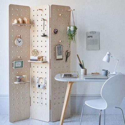 pegboard ideas: Pegboard Room Divider Folding Screen, Kreis Design ($555) Pegboard Room, Wooden Pegboard, Pegboard Organization, Room Divider Screen, Divider Screen, Large Shelves, Folding Screen, Small Shelves, Organization Tips