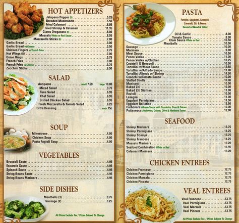 American restaurant menu Cavatelli And Broccoli, Breaded Meatballs, Breaded Mushrooms, White Clam Sauce, Food Truck Menu, Clam Sauce, Menu Card Template, Hot Appetizers, Fried Calamari