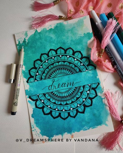 Mandala with water color background. Mandala On Coloured Background, Painting With Mandala Art, Mandala With Painting, Journal Art Ideas Easy, Calligraphy With Background, Sanskrit Portfolio Cover Page, Mandala Art With Watercolor, Mandala Card Design, Mandala Art With Colourful Background