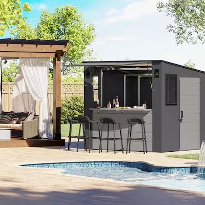 Sheds at Lowes.com Side Of Shed Ideas, Glass Shed, Pool Sheds, Building A Bar, Yard Office, Resin Sheds, Bar Shed, Shed Floor, Lean To