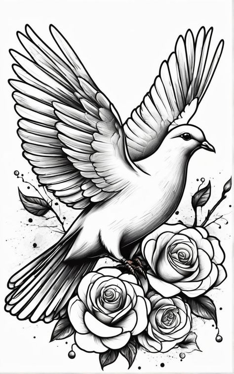 Dove With Flowers Tattoo, Bird Tattoos Men, Dove And Rose Tattoo, Dove Drawing, Bird Tattoo Men, Dove Tattoo Design, Dove Pictures, Dove Tattoo, Clever Tattoos