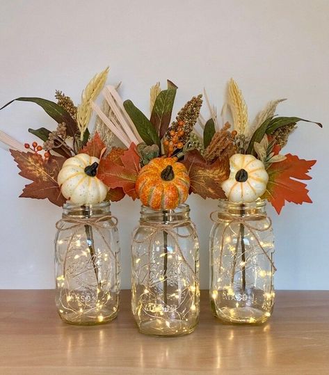 Fall Decor Table Centerpiece for Fall Mason Jar Farmhouse Home Decor Thanksgiving Rustic Home Decor Set of 3 - Etsy Fall Decor Ideas For The Home Bathroom, Fall Birthday Party Centerpieces, Fall Womens Conference Decor, Mason Jar Centerpieces For Fall Weddings, Fall Fellowship Ideas, Fall Shower Centerpieces, Fall Event Decorations, Fall Theme Table Decor, Fall Conference Table Decor