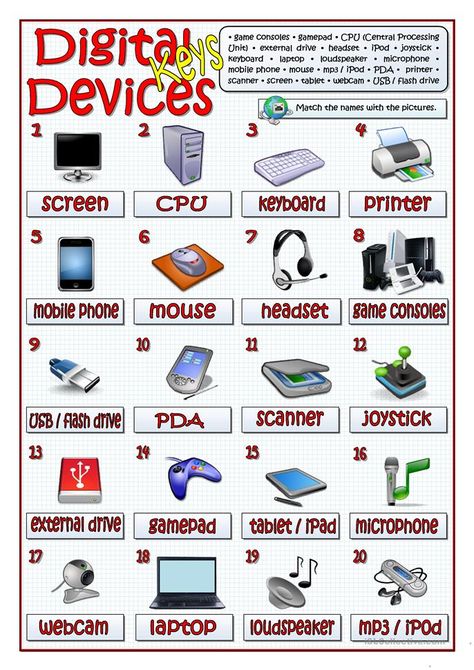 DIGITAL DEVICES - English ESL Worksheets for distance learning and physical classrooms Out Put Devices Of Computer, Computer Lab Posters, Computer Lab Rules, Technology Vocabulary, Elementary Computer Lab, Computer Lab Lessons, Computer Lab Classroom, Computer Devices, Teaching Computers