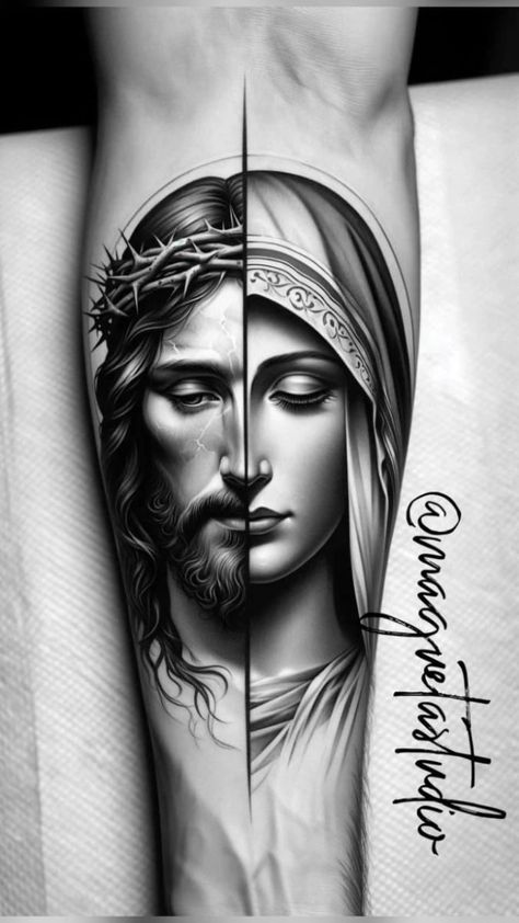 Virgen Mary Tattoo, Mother Mary Tattoos, Maria Tattoo, Religion Tattoos, Jesus Christ Tattoo, Jesus Tattoo Design, Memorial Tattoo Ideas, Leg Sleeve Tattoos, Leg Tattoo Ideas