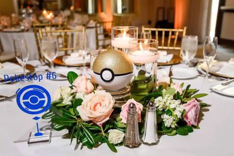 Laura and Dan's Pokemon Wedding at Wyndham Grand Orlando Resort Bonnet Creek - Just Marry! Pokemon Wedding Cake Toppers, Pokemon Engagement Photos, Pokemon Bridal Shower Ideas, Pokemon Centerpieces Wedding, Gamer Wedding Centerpieces, Pokemon Theme Wedding, Pokemon Wedding Centerpieces, Anime Theme Wedding, Pokemon Wedding Theme