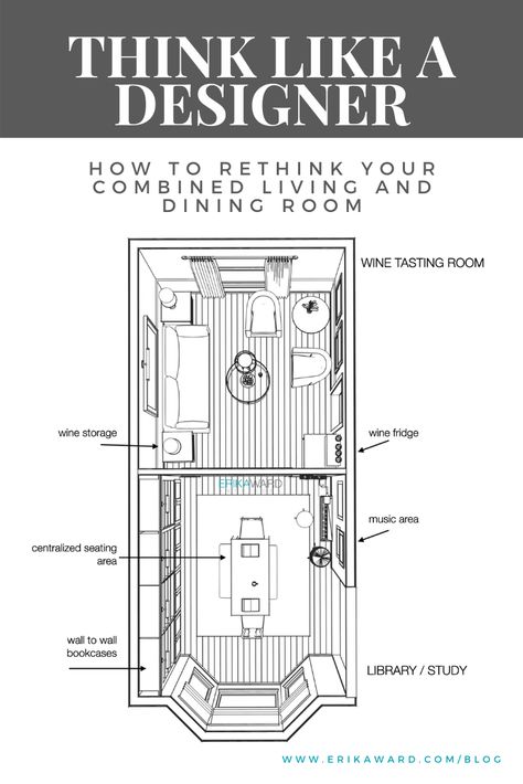 HOW TO RETHINK YOUR COMBINED LIVING AND DINING ROOM - Erika Ward Interiors Atlanta: Interior Design, Interior Decorating, Design Advice Living Room With Study Area Designs, Dining Room With Reading Area, Parlor Dining Room Combo, Dining Room Connected To Living Room, Dining Room Music Room Combo, Living And Dining Room Combo Layout, Dining Sitting Room Combo, Dining And Sitting Room Combo, Dining Room With Bar Area