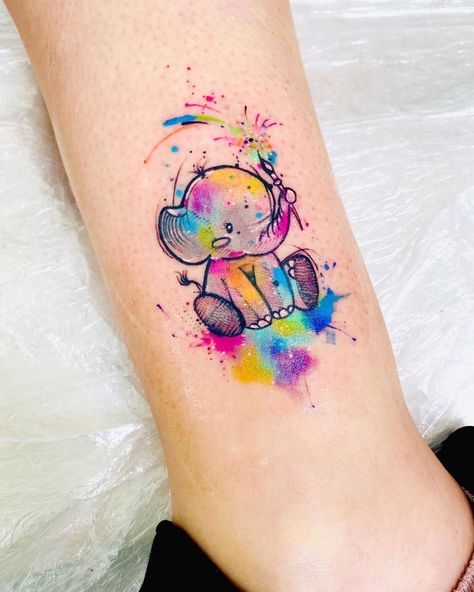 Colorful Elephant Tattoo, Tiny Elephant Tattoo, Cute Elephant Tattoo, Anklet Tattoos, Tasteful Tattoos, Cute Little Tattoos, Sketch Tattoo Design, Tatuaje A Color, Elephant Tattoo