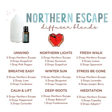 Northern Escape Diffuser Blends Please connect with me if you have any questions or issues. jamieeasterly@essentiallifewithjamie.com https://essentiallifewithjamie.wavoto.com/links/?utm_campaign=ds&utm_source=ds&utm_medium=ds&OwnerID=1608495 #doTERRA #pureandnatural #selfcare #empowered #essentialoils #essentiallife #wellness #August #summer #hotsummerdays #deepsleepbliss Adaptiv Diffuser Blend, London Fog Diffuser Blend, Northern Escape Doterra, Northern Escape Diffuser Blend, Doterra Adaptiv Diffuser Blend, Antiviral Diffuser Blend, Doterra Blends, August Summer, Eo Blends