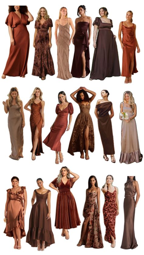 Wedding Guest Brown Dress, Brown Shades Bridesmaid Dresses, Black And Brown Bridesmaid Dresses, Mismatched Brown Bridesmaid Dresses, Brown Mismatched Bridesmaid Dresses, Earthy Tone Bridesmaid Dresses, Autumn Bridesmaid Dresses Color Palettes, Bridesmaid Color Palette Fall, Bridesmaid Dresses Brown Shades