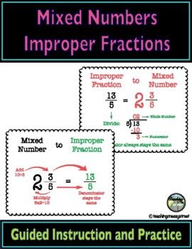 Help studens turn improper fractions into mixed numbers with easy to use graphic organizers. Slide graphic organizers into dry erase sleeves to use over and over. Perfect for math centers, intervention, and differentiation. Practice problems included to help students master converting improper fractions and mixed numbers. Anchor charts can also be used in interactive notebooks. #math #fractions #intervention Converting Mixed Numbers To Improper, Converting Improper Fractions To Mixed, Mixed Numbers To Improper Fractions, Improper Fractions To Mixed Numbers, Mixed Numbers And Improper Fractions, Fractions Anchor Chart, Proper Fractions, Mathematics Games, Teaching Math Strategies