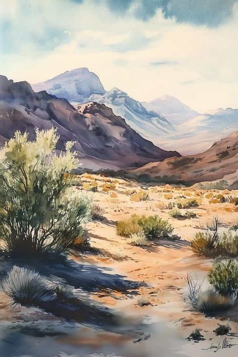 Desert Landscape Canvas Wall Art Inspired by Watercolor Masterpieces Natural Colors Home Decor Custom Print by CustomCanvasCurators 🎨 Step into the serene desert oasis with our stunning canvas print! 🏜️ Inspired by the mesmerizing beauty of nature, this artwork captures the tranquility of a desert landscape in soft watercolor gradients and lush greenery. Perfect for adding a touch of calm to your living space, bedroom, or office. Personalized designs are also available to make it uniquely y... Watercolor Desert Landscape Paintings, Plains Aesthetic, Watercolor Desert Landscape, Desert Landscape Art, Desert Landscape Painting, Rugged Mountains, Muted Earth Tones, Quiet Beauty, Landscape Art Painting