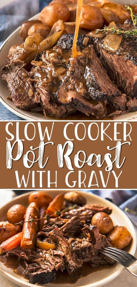 When that comfort food craving strikes, my Nana's easy Crock Pot Roast recipe should be on the menu! Twenty minutes of prep and a long day of slow cooking rewards you with tender, flavorful beef and vegetables and a delicious, already-thickened gravy you'll be eating by the spoonful! Beef Mock Tender Roast Recipes, Chuck Roast Marinade Crock Pots, 3lb Chuck Roast Crock Pot, Chuck Eye Roast Recipes Crock Pot, Chuck Arm Roast Recipes Crock Pot, Chuck Cross Rib Roast Recipes Crock Pot, 2 Lb Chuck Roast Crock Pot, Angus Chuck Roast Recipes Crock Pot, Beef Chuck Cross Rib Roast Recipes Crock Pot