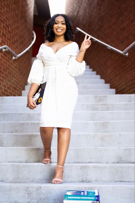 White dress, Graduation pictures, HBCU, BSN RN, Nurse, Black girl, College grad, Makeup, Grad cap, College Graduation Outfit Ideas Dresses, Hbcu Graduation Pictures, White Dress Graduation, Graduation Fits, Grad Makeup, Winter Graduation, Graduation Outfit College, Nurse Black, Graduation Inspiration