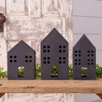 Wooden Houses Craft Decor, Kitchen Table Centerpiece, Black Candle Holders, Farmhouse Modern, Faux Snow, Wooden Houses, Friendly Ghost, Village House, Light Garland