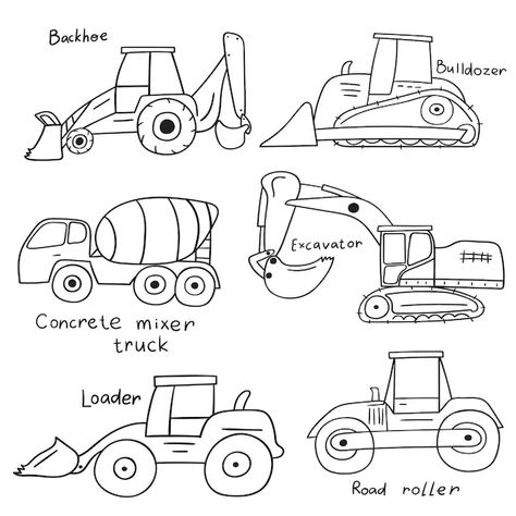 Construction Drawings Art, How To Draw Construction Vehicles Easy, Construction Colouring Pages, Backhoe Drawing, Construction Doodles, Doodle Construction, Digger Drawing, Construction Vehicles Preschool, Construction Vehicles Crafts