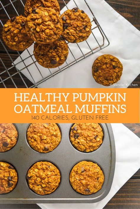 Healthy Pumpkin Oatmeal Muffins, Chocolate Chip Oatmeal Muffins, Healthy Pumpkin Oatmeal, Pumpkin Oatmeal Muffins, Oatmeal Pumpkin, Oatmeal Chocolate Chip Muffins, Pumpkin Kitchen, Slender Kitchen, Pumpkin Chocolate Chip