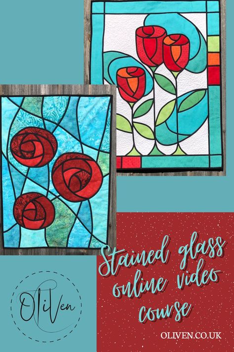 Learn how to do Stained glass patchwork from the comfort of your home - video lessons with step-by-step instructions including downloadable pattern. Choose from four designs - Mackintosh inspired roses to modern cushion. Three Roses, Stained Glass Quilt, Modern Cushions, Reverse Applique, Rainbow Crafts, Patchwork Quilting, Stained Glass Patterns, Video Lessons, Pattern Download