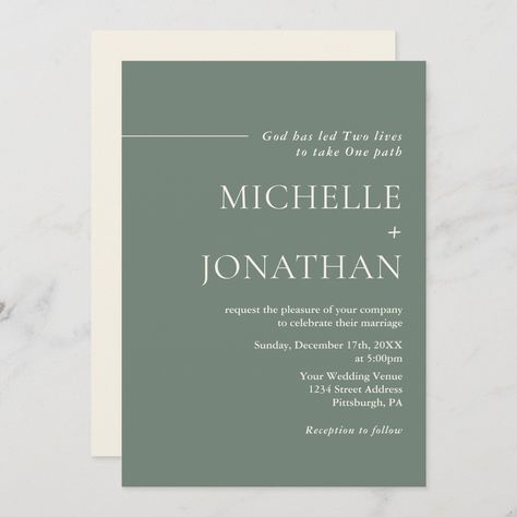 Wedding invitation combines a sleek and modern design with Christian themes to create a truly unique and personalized invitation. The bold sage green background and pearl colored text scheme provides a subtle yet sophisticated backdrop for your wedding details. The inspirational introduction, "God has led two lives to take one path" adds a meaningful touch to the invitation Wedding Invitation Christian, Christian Wedding Invite, Bible Verse For Wedding Invitation, Wedding Invitations Christian, Sage Wedding Invite, Christian Wedding Invitation Wording, Christian Wedding Invitation, Wedding Bible Verses, Christian Wedding Invitations