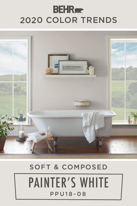 Soak up the farmhouse style of this light beige wall, featured in this beautiful bathroom. You can easily recreate this look with BEHR® Paint in Painter’s White, from the 2020 Color Trends Palette. This soft and composed shade pairs well with other neutrals and also serves as a blank canvas for additional accent tones. Click below for more color details to learn more. Adobe Sand, Trending Bathroom Colors, Farmhouse Paint Colors Interior, Color Spotlight, White Bathroom Paint, Owners Suite, Sunset Drive, Color Of The Month, Behr Paint Colors