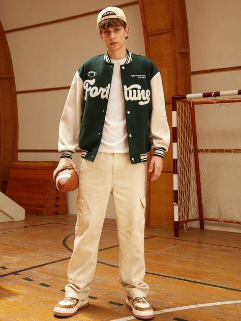 Men Letter Embroidery Two Tone Varsity Jacket | SHEIN USA Varsity Outfit Men, Green Varsity Jacket Outfit Men, Varsity Outfit, Outfit Cowo, Green Varsity Jacket, Varsity Jacket Outfit, Fortune Favors The Bold, Jackets Men Fashion, Letter Embroidery