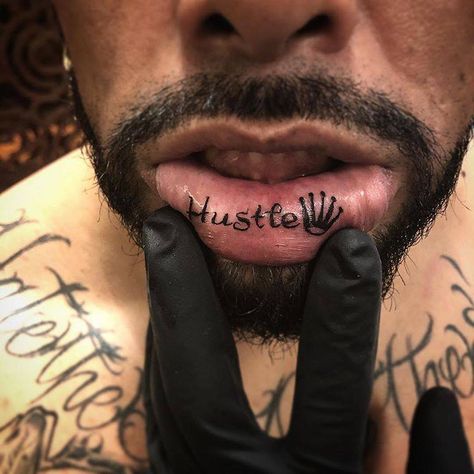 Inner lip “Hustle” tattoo. Inner Lip Tattoo Men, Tatto Lips, Inner Lip Tattoo, Side Tattoos Women, Loyalty Tattoo, Gang Tattoos, One Word Tattoos, Tattoo Meanings, Tattoo Zeichnungen