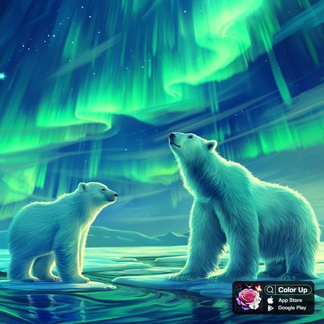 Polar Bear Northern Lights, Aurora Painting, Polar Light, Polar Bears, Polar Bear, Aurora, So Cute, Northern Lights, Bears