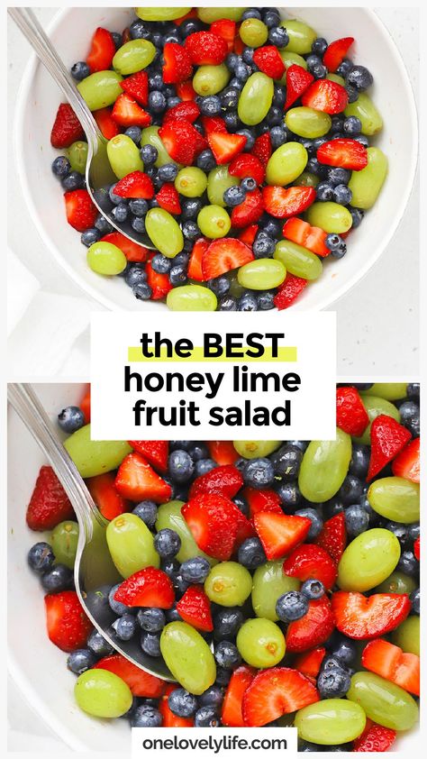 Honey Lime Fruit Salad is the BEST favorite fruit salad recipe! This easy side dish is perfect for busy weeknights, summer barbecues, picnics, potlucks & more! Made from a combination of green grapes, fresh strawberries, fresh blueberries, and an easy honey lime dressing, it's always a crowd favorite! Get the recipe and more fruit salad recipes to try at One Lovely Life. Fruit Salad With Mint And Honey, Bbq Fruit Salad, Fruit Salad Honey Lime Dressing, Easy Fresh Fruit Salad, Small Fruit Salad, Fresh Berry Salad, Fruit Salad Charcuterie Board, Fruit Salad Skewers, Put Luck Ideas Food