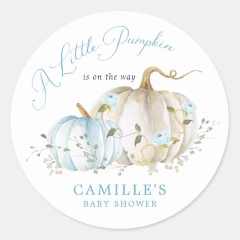 A Little Pumpkin Fall Boy Baby Shower for $7.25 - Baby Shower Sticker Blue And White Watercolor, Baby Shower Wrapping, Bebe Shower, Baby Shower Labels, Blue Pumpkin, Elegant Baby Shower, Baby 5, Baby Shower Stickers, Blue Pumpkins