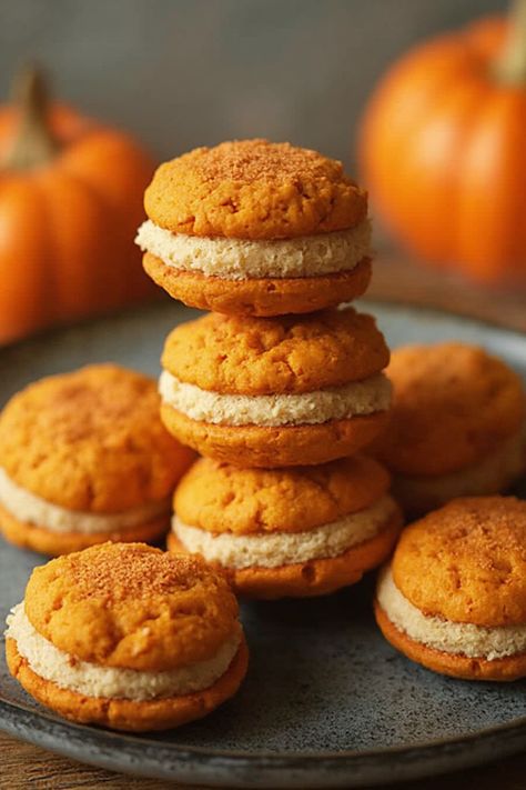 Pumpkin Whoopie Pies Recipe  Ingredients  - 2 cups all-purpose flour - 1 teaspoon baking soda - 1 teaspoon baking powder - 1 teaspoon ground cinnamon - 1/2 teaspoon ground nutmeg - 1/2 teaspoon ground ginger - 1/4 teaspoon salt - 1 cup canned pumpkin puree - 1 cup granulated sugar - 1/2 cup brown sugar, packed - 1/2 cup vegetable oil - 1 teaspoon vanilla extract - 1 large egg  Instructions   - Preheat the oven to 350°F (175°C) and line a baking sheet with parchment paper.  - In a medium bowl, whisk together flour, baking soda, baking powder, spices, and salt. In a large bowl, mix pumpkin puree, sugars, oil, vanilla, and egg until well combined.  - Full Recipe on... Pumpkin Whoopie Pie Recipe, Fall Inspired Drinks, Whoopie Pies Recipe, Pumpkin Whoopie Pies, Pie Party, Thanksgiving 2024, Smores Cookies, Whoopie Pies, Fall Food