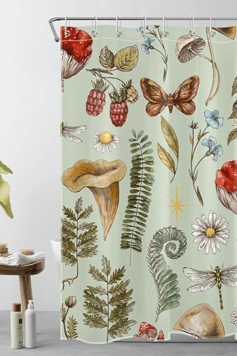 Sage Green Vintage Mushroom Shower Curtain Tan Shower Curtain, Botanical Mushroom, Bathroom Boho, Botanical Bathroom, Floral Bathroom Decor, Elegant Bathroom Decor, Curtains For Bathroom, Fern Forest, Floral Bathroom