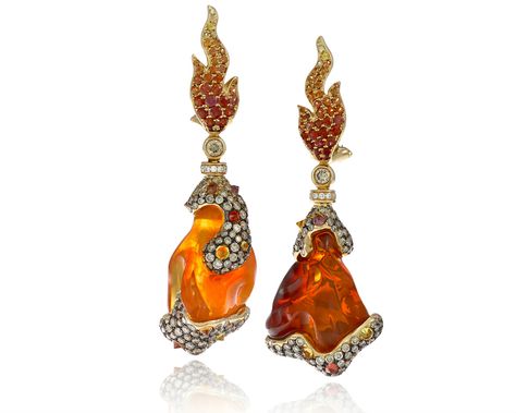 Italian Design Ltd. Lava Earrings made with irregular-shaped fire opals. -- New Breed of Italian Jewelers Make Their Mark Lava Earrings, Jelly Opal, Fire Jewelry, Brown Diamonds, Fire Opals, Fire Opals Jewelry, Peruvian Blue Opal, Gemstone Art, Yellow Opal