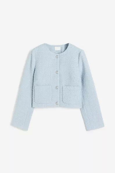 Textured-knit Cardigan | H&M (US) Blue Tweed Jacket, Textured Knit Cardigan, Light Blue Jacket, Blue Shell, Blue Tweed, Boucle Jacket, H&m Jackets, Street Look, Textured Knit